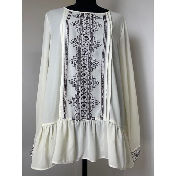 KLD Signature Women's Ruffle Hem Sequin Beaded Embroidered Sheer Blouses Cream L - Picture 9 of 13